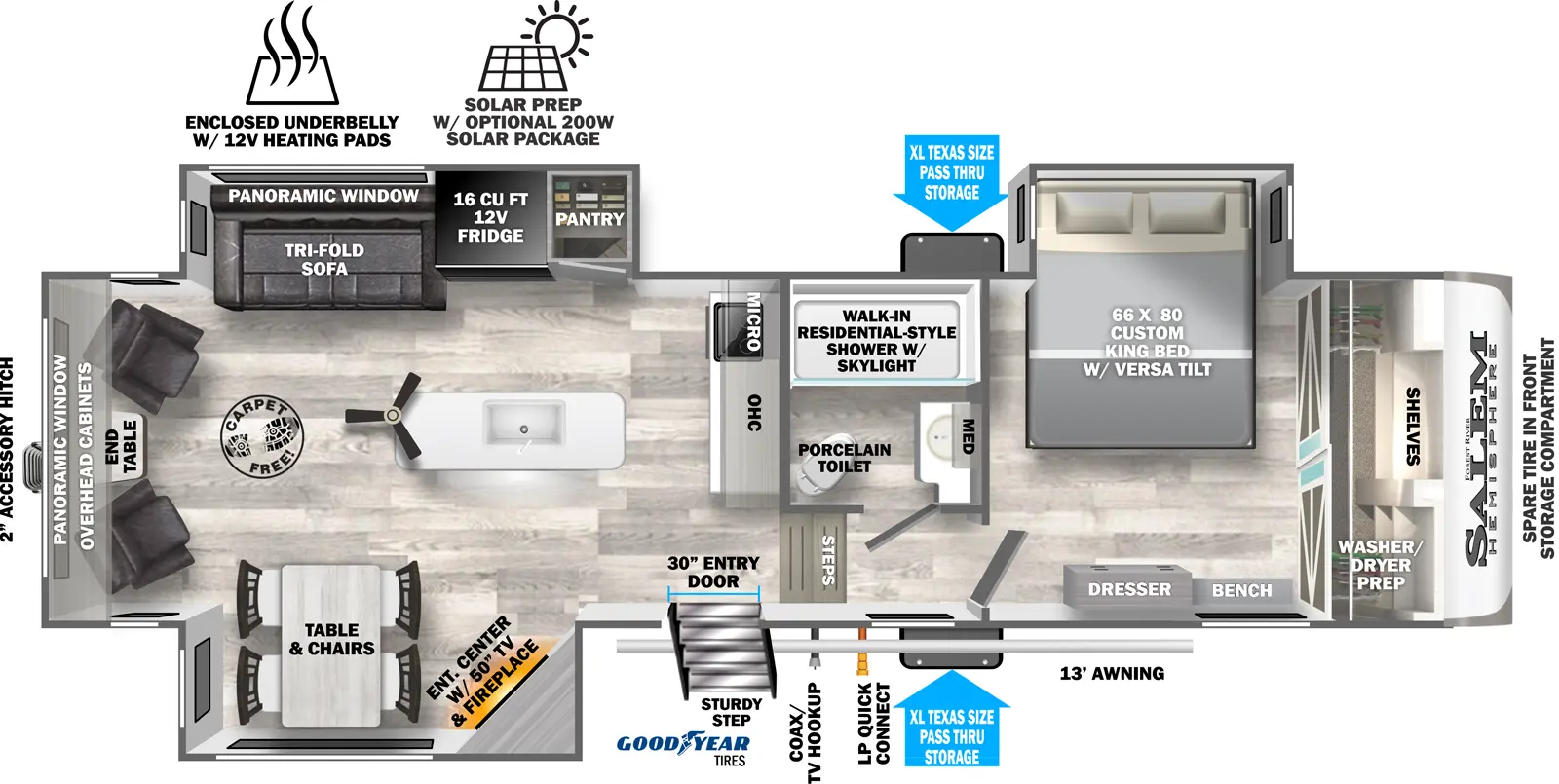 The 286RL has 3 slideouts, 2 on the off-door side and 1 on the door side. Exterior features include a 2 in. receiver hitch, 13 ft. awning, 30 in. entry door with Sturdy Step, coax/TV hookup with TV mount, LP quick connect, XL Texas size pass through storage, solar prep with optional 200W solar package and enclosed underbelly with 12V heating pads. Interior layout from front to back includes: front bedroom with 66 x 80 custom King bed, front wall closet with shelves and washer/dryer prep, dresser across from foot of bed and bench; off-door side bathroom with walk-in residential shower with skylight, porcelain toilet, medicine cabinet and vanity; two steps down to kitchen/living area; off-door side slideout holding a tri-fold sofa, 16 cu. ft. refrigerator and pantry; door side slideout holding a table & 4 chairs and angled entertainment center with 50 in. TV & fireplace; ceiling fan; kitchen island with sink and 2 rear recliners with end table.